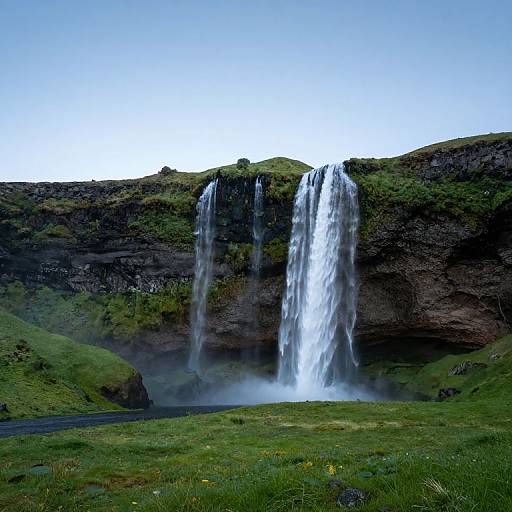 Photograph of a tall, twin-waterfall cascading down a rocky, green-clad cliff, with mist at the base, set against a clear