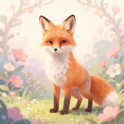 Digital illustration of a cute red fox with orange fur, white chest, and black-tipped ears, standing in a sunlit, pink-flowered me
