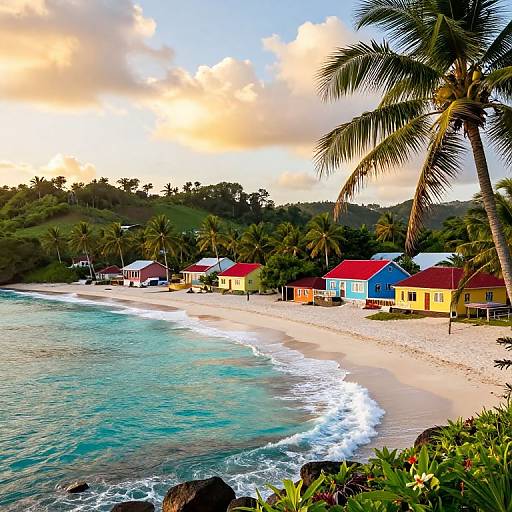 Photograph of a tropical beach with colorful houses, palm trees, and turquoise waves under a cloudy sunset sky.
