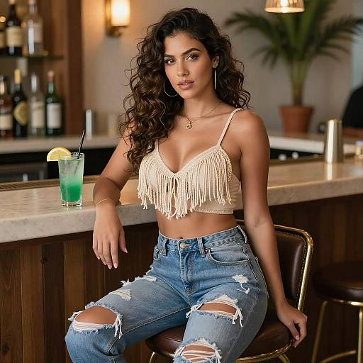 Photograph of a curly-haired woman with olive skin, wearing a fringed beige crop top and ripped blue jeans, sitting at a bar with a green