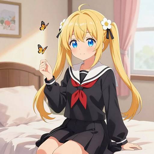 Anime-style digital drawing of a blonde girl with blue eyes, wearing a black sailor uniform with a red necktie, sitting on a bed, gently touching