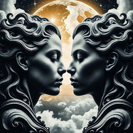 Surreal Amber Faces with Celestial Orbs