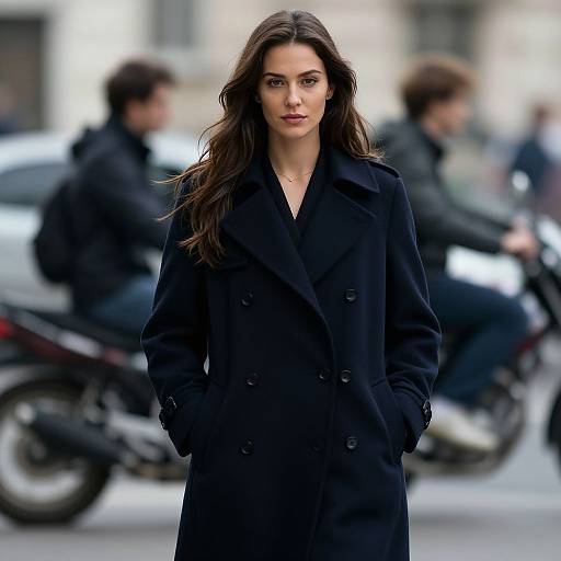 Photograph of a serious, dark-haired woman in a black double-breasted coat, standing in a blurred urban street with motorcyclists in the background