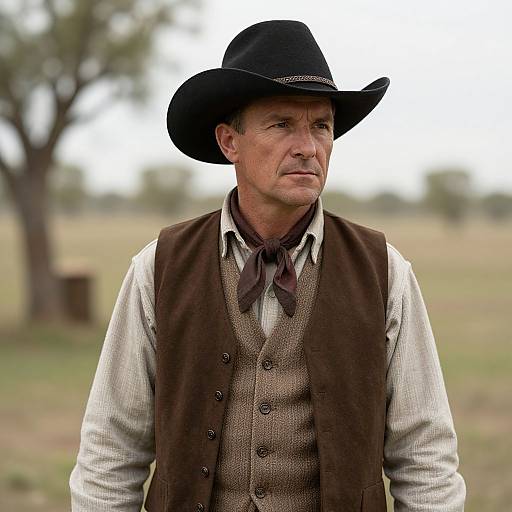 Photograph of a middle-aged white man in 19th-century western attire, wearing a black hat, brown vest, and beige shirt, standing in