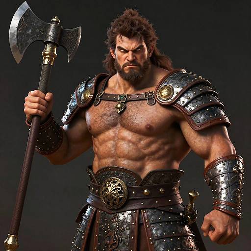  CGI image of a muscular, bearded Viking warrior with dark hair, holding a large battle axe, wearing shiny, ornate metal armor.