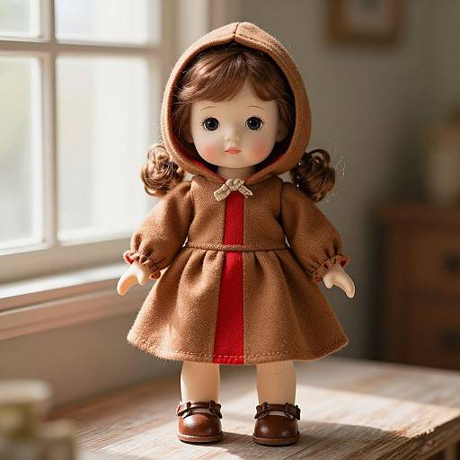 Photograph of a porcelain doll with brown hair, wearing a brown hooded dress with red lining, standing on a wooden table by a sunlit window