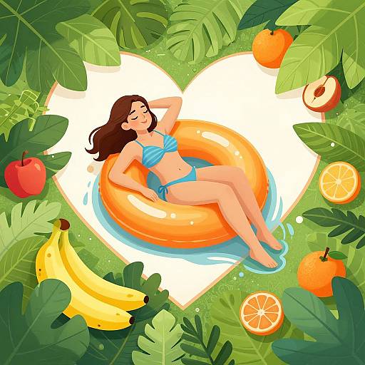Digital illustration of a brunette woman in a blue bikini, lounging on an orange inflatable pool ring, surrounded by tropical fruits and leaves.