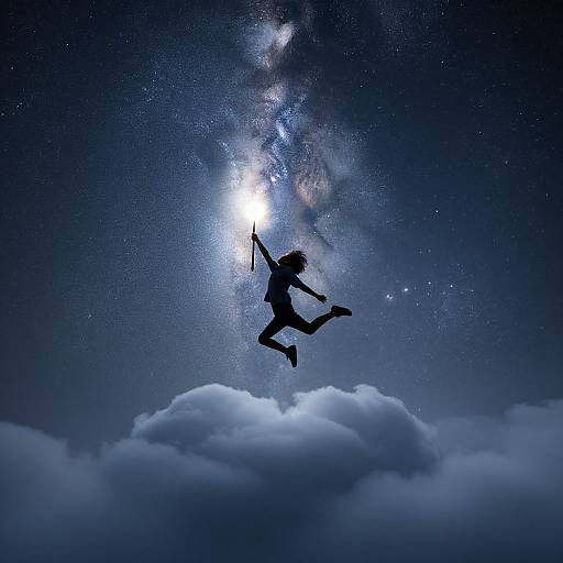 Silhouetted person jumping with raised arm against a starry, galaxy-filled sky and white clouds below in a digital art piece.