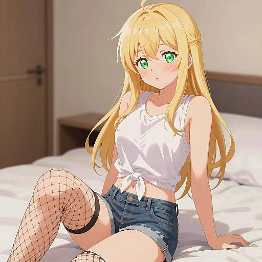Playful Anime Girl on Bed Illustration