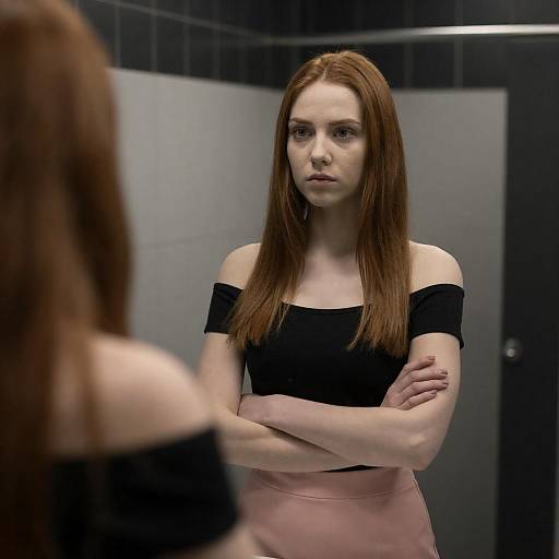 Auburn Woman in Dim Tiled Bathroom