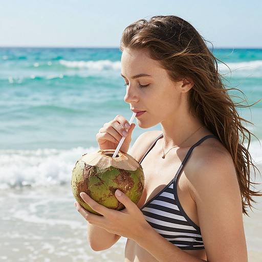 Serene Woman Sipping Coconut Beach