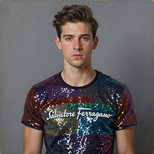 Photograph of a young white man with short brown hair, wearing a sequined 