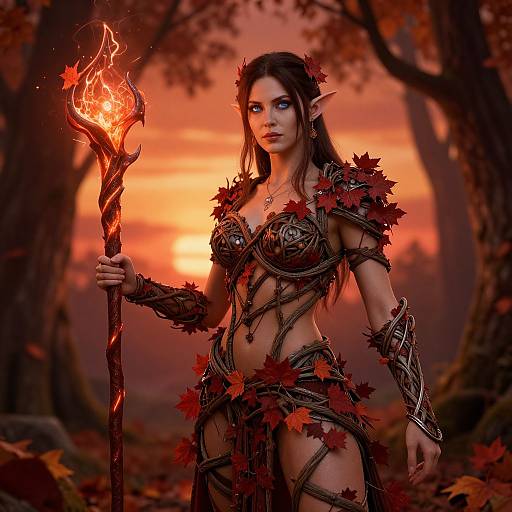 Digital fantasy artwork of a dark-haired, elf-like woman with pointed ears, wearing leaf and vine armor, holding a flaming staff, set against an orange