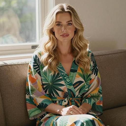 Blonde Woman in Leafy Robe by Window