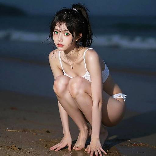 Young Woman in White Bikini on Beach at Night