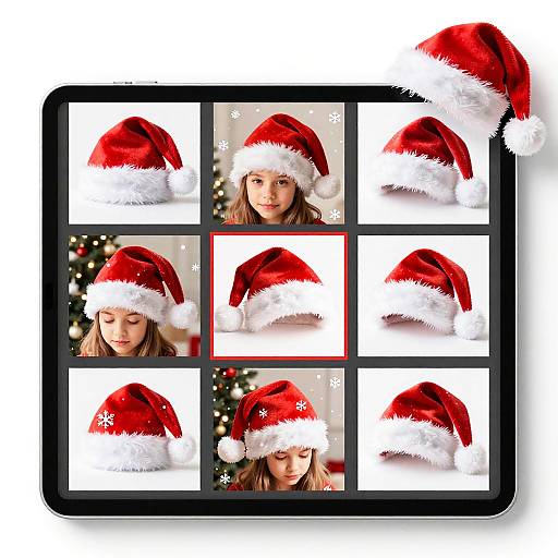 Photograph collage of a young woman with long brown hair wearing a red Santa hat in various poses, set against a blurred Christmas tree background, displayed in