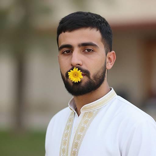 Photograph of a bearded man with short black hair, wearing a white traditional shirt, holding a yellow daisy in his mouth, with a blurred