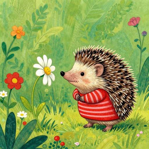 Whimsical drawing of a hedgehog in a red striped sweater, gently sniffing a white daisy in a vibrant green garden.