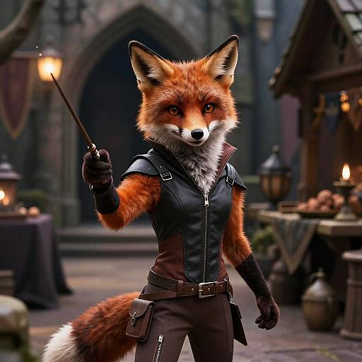 Digital art of an anthropomorphic fox wizard in medieval attire, holding a wand, standing in a dimly-lit, stone castle courtyard.