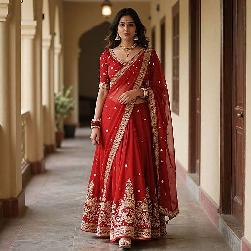 Photograph of a beautiful Indian woman in a red saree with gold embroidery, standing in a sunlit, tiled hallway.