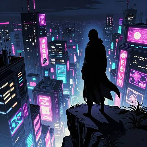 Digital art: Silhouetted figure in long coat stands on cliff, gazing at neon-lit, futuristic cityscape with vibrant pink, blue