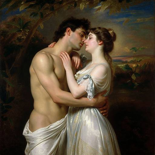 Romantic classical painting of a shirtless, muscular man and a fair-skinned woman in a white, flowing dress, kissing intimately against a dark,