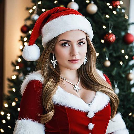 Woman in Santa Costume by Christmas Tree