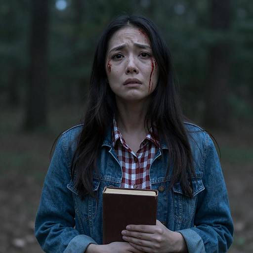 Distressed Woman in Blue-Tinted Forest
