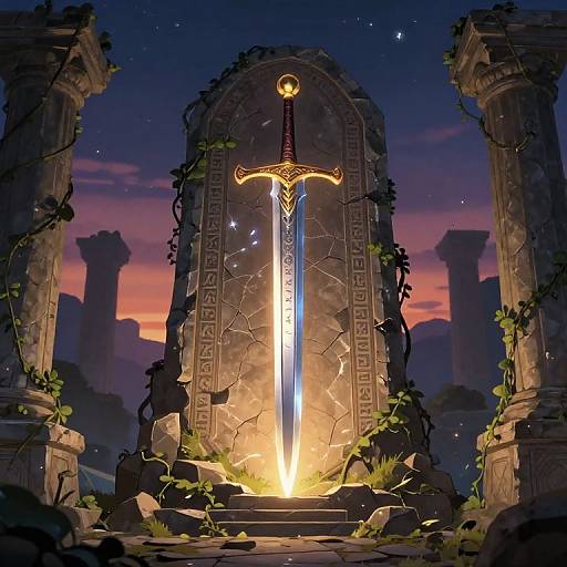 Digital artwork of a glowing sword embedded in a stone archway, surrounded by ruins and vines, under a twilight sky.