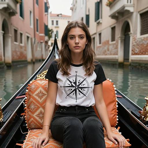 Young woman with long brown hair, wearing black and white nautical-themed t-shirt, black pants, and orange patterned cushions, sits in a g