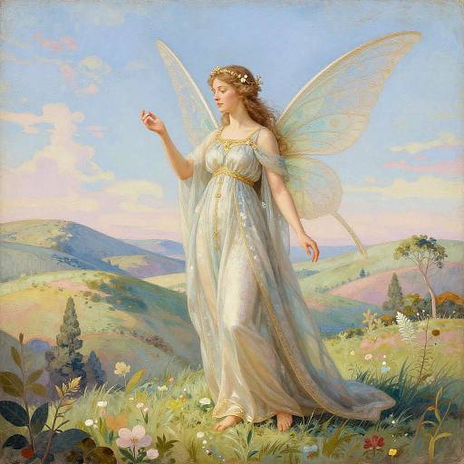Digital painting of a fair-skinned, ethereal fairy with golden crown, translucent wings, and flowing white gown, standing in a vibrant, sunlit