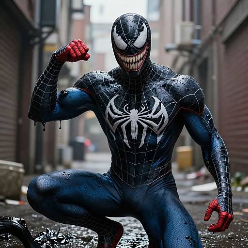 Photorealistic CGI of Venom-like Spider-Man in tight, wet, black suit with white spider emblem, red gloves, and menacing grin, crou