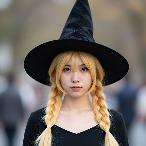 Photograph of an Asian woman in a black witch hat and braided blonde hair, wearing a black top, with a blurred outdoor background. Cosplay