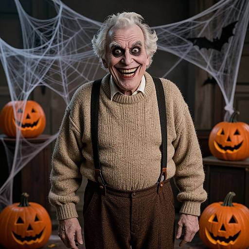Photograph of an elderly man with wild white hair, creepy grin, wearing beige sweater, brown suspenders, and pumpkin-carved smile background with spiders