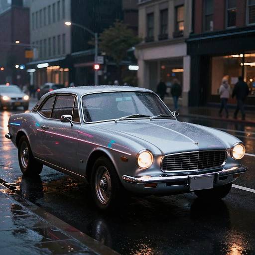 Photograph of a silver vintage car with illuminated headlights driving on a wet, reflective city street at dusk, surrounded by illuminated buildings and pedestrians.