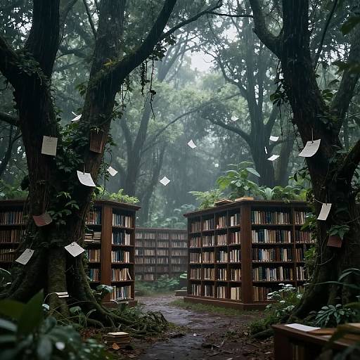 Photograph of a mystical forest library with tall, misty trees, wooden bookshelves lined with books, and flying white papers hanging from branches.