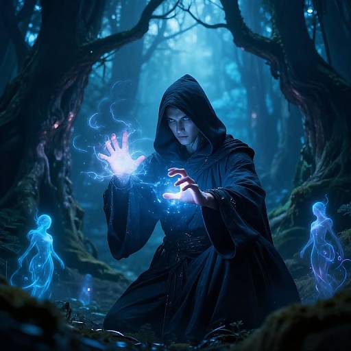Mystical forest scene: hooded figure conjures glowing blue energy, surrounded by ethereal blue spirits, under moonlit, misty trees.