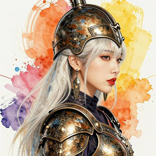 Digital illustration of a white-haired woman in ornate, metallic armor with red lipstick, wearing a matching helmet, against a vibrant watercolor background of orange