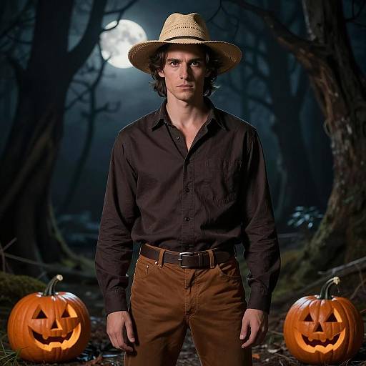Man in Rustic Halloween Outfit with Jack-o'-Lanterns