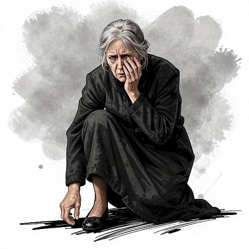 Digital illustration of an elderly man with white hair, wearing a black robe and shoes, crouching and covering his face in sorrow. Background is a