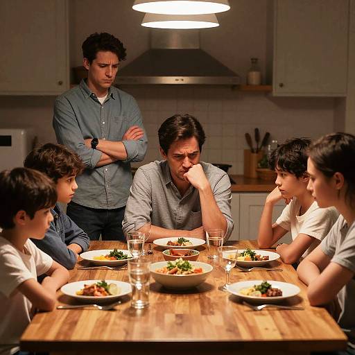 Photograph of a family dinner: six people, wooden table, plates of food, soft overhead lights, man in blue shirt standing, others seated,