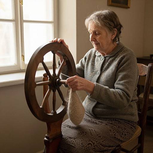 Photograph of an elderly woman with short, gray hair, wearing a patterned gray sweater and skirt, spinning wool on a wooden spindle in a sun