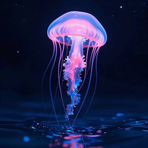 Photograph of a glowing, bioluminescent jellyfish with a bright pink and blue hue, floating in dark, reflective water, surrounded by delicate