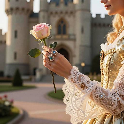 Photograph of a woman in ornate lace dress holding a pink rose with blue gemstone rings, in front of a castle.