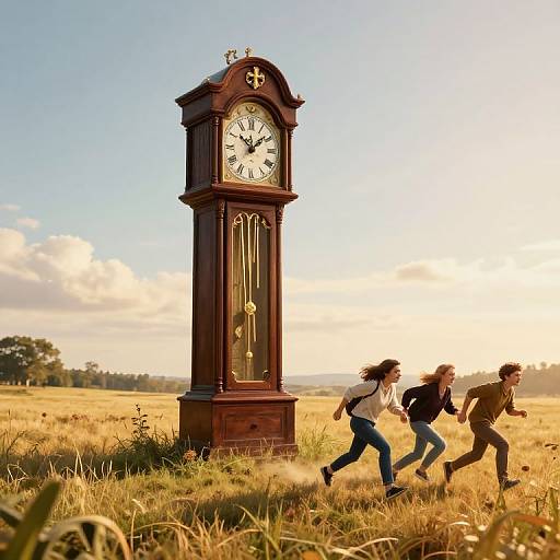 Photograph of two people running past a tall, wooden, antique clock in a golden field at sunset, with a clear sky.