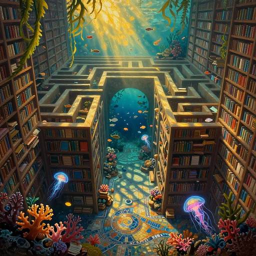 Dreamlike Labyrinthine Library Underwater