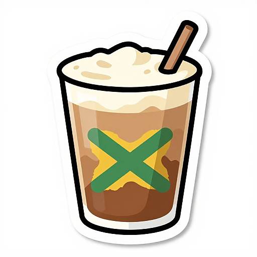 Digital illustration of a glass of iced coffee with a brown straw, green and yellow 