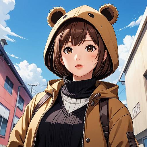 Anime-style digital drawing of a cute, brown-haired girl wearing a bear-eared hoodie, black turtleneck, and brown jacket, standing outdoors under