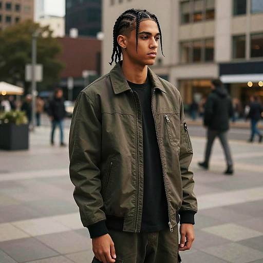 Photograph of a young Black man with braided hair, wearing a green military jacket and black shirt, standing in a city square with blurred pedestrians and