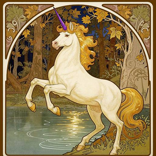 Digital illustration of a white unicorn with a purple horn, golden mane, and tail, rearing by a forest pond at night. Art Nouveau style